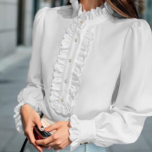 Fashionable Stand-up Collar Long-sleeved Shirt With Lotus Leaf Hem